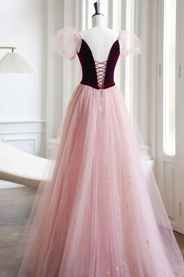 Wholesale A-Line Velvet Tulle Long Prom Dress Pink Short Sleeve Formal Evening Dress