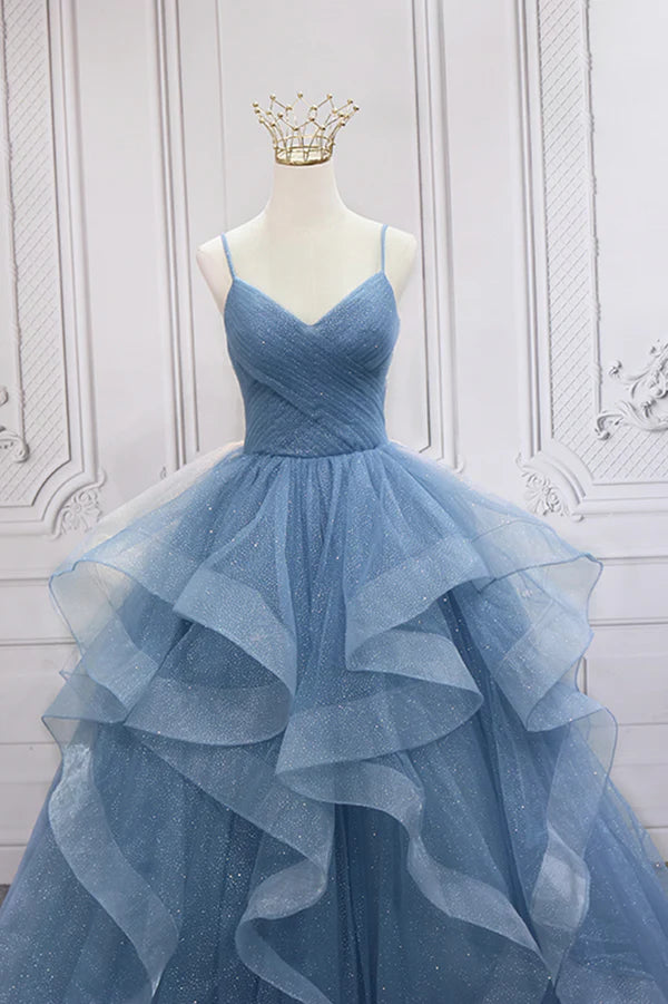 Wholesale Blue Tulle Layers Long Formal Dress Blue Tulle with Straps Party Dress