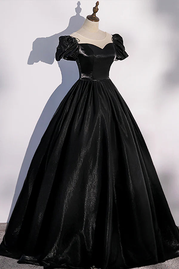 Wholesale Black Satin Long Prom Dress Black A-Line Short Sleeve Evening Dress