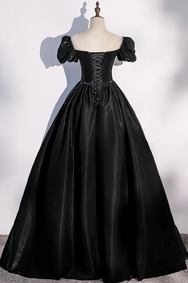 Wholesale Black Satin Long Prom Dress Black A-Line Short Sleeve Evening Dress