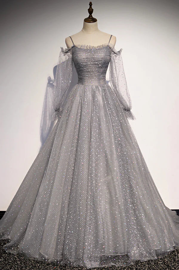 Wholesale Gray Tulle Long Sleeve A-Line Prom Dress Spaghetti Straps Formal Evening Dress