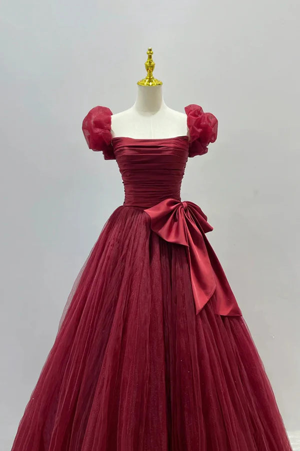 Wholesale Burgundy Tulle Long A-Line Prom Dress Lovely Evening Graduation Dress