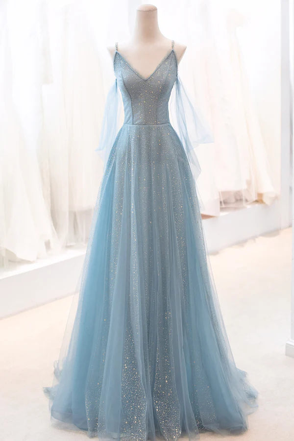 Wholesale Blue V-Neck Tulle Long Prom Dress A-Line Spaghetti Strap Evening Dress
