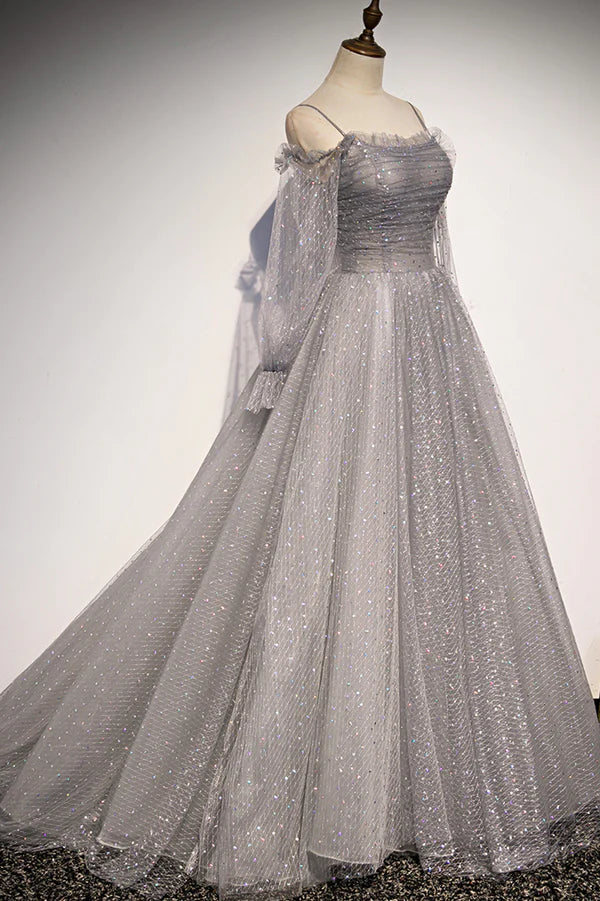 Wholesale Gray Tulle Long Sleeve A-Line Prom Dress Spaghetti Straps Formal Evening Dress