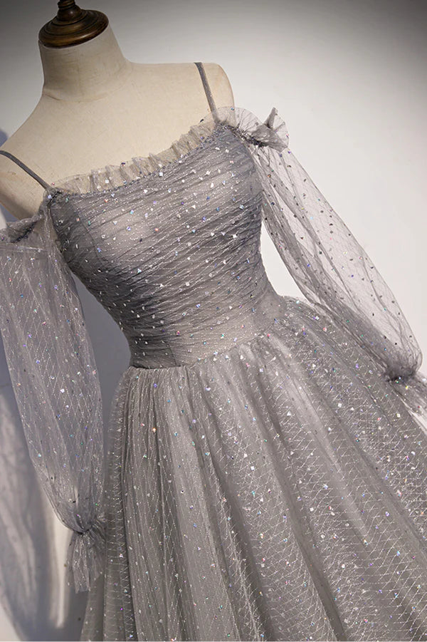 Wholesale Gray Tulle Long Sleeve A-Line Prom Dress Spaghetti Straps Formal Evening Dress