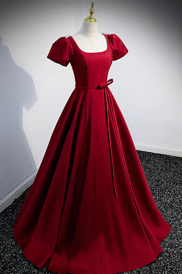 Wholesale Burgundy Scoop Neckline Satin Long Prom Dress Short Sleeve Evening Dress