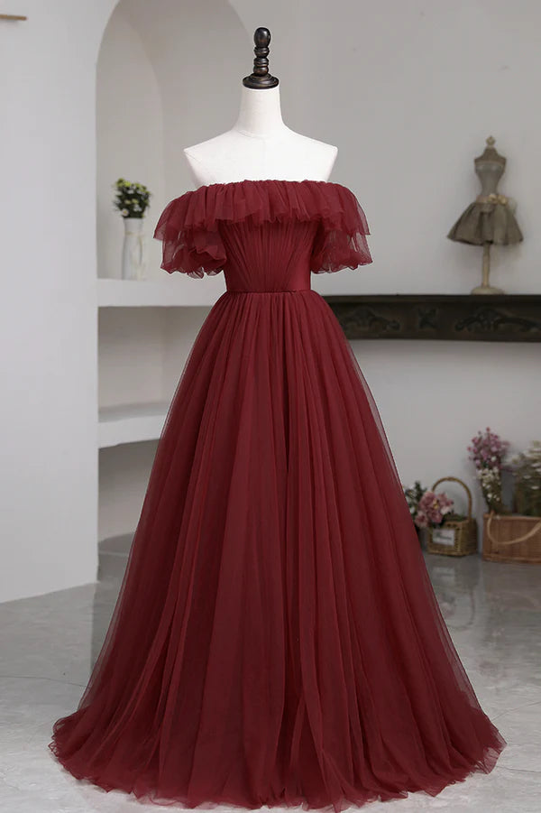 Wholesale Burgundy Tulle Off the Shoulder Prom Dress Long A-Line Evening Dress