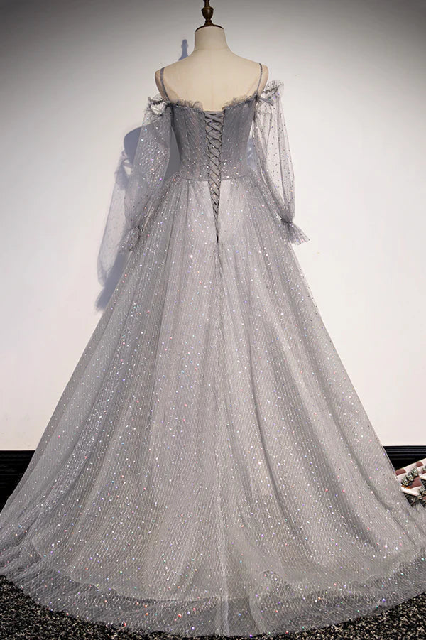 Wholesale Gray Tulle Long Sleeve A-Line Prom Dress Spaghetti Straps Formal Evening Dress