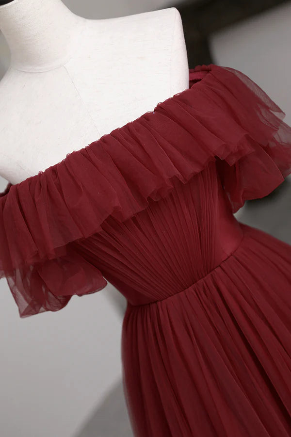 Wholesale Burgundy Tulle Off the Shoulder Prom Dress Long A-Line Evening Dress