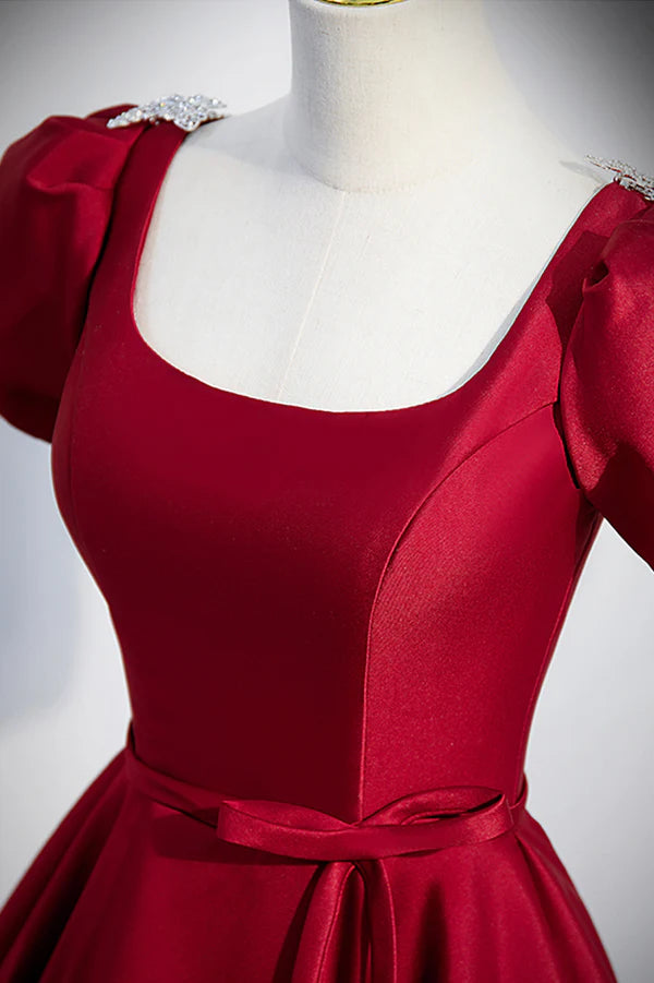 Wholesale Burgundy Scoop Neckline Satin Long Prom Dress Short Sleeve Evening Dress