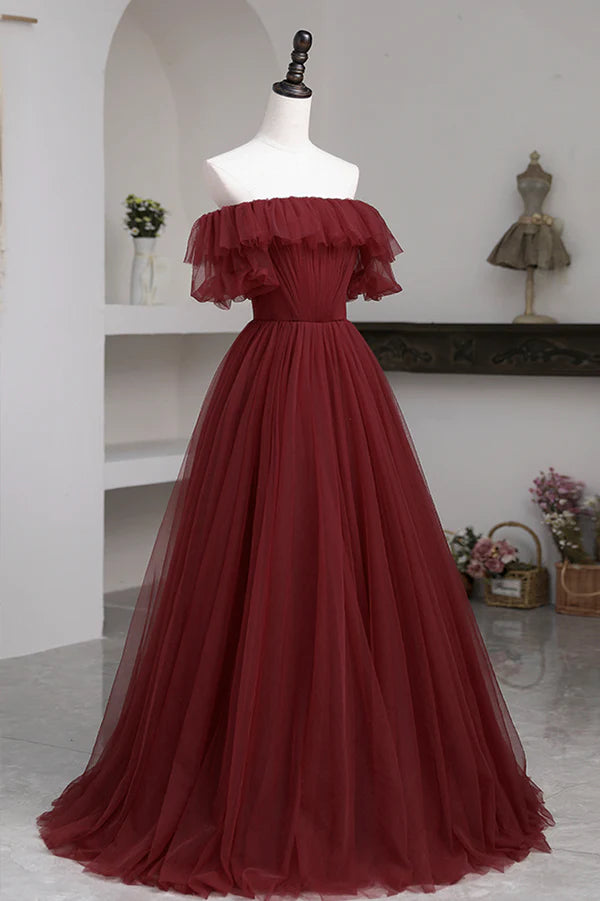 Wholesale Burgundy Tulle Off the Shoulder Prom Dress Long A-Line Evening Dress