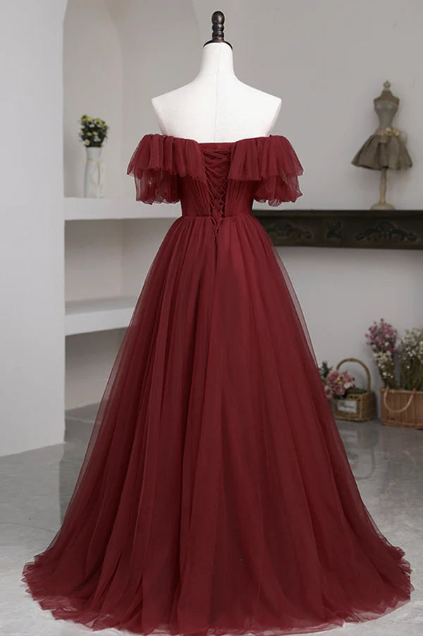 Wholesale Burgundy Tulle Off the Shoulder Prom Dress Long A-Line Evening Dress
