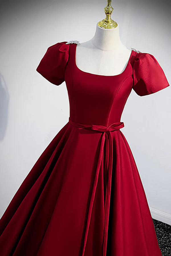 Wholesale Burgundy Scoop Neckline Satin Long Prom Dress Short Sleeve Evening Dress