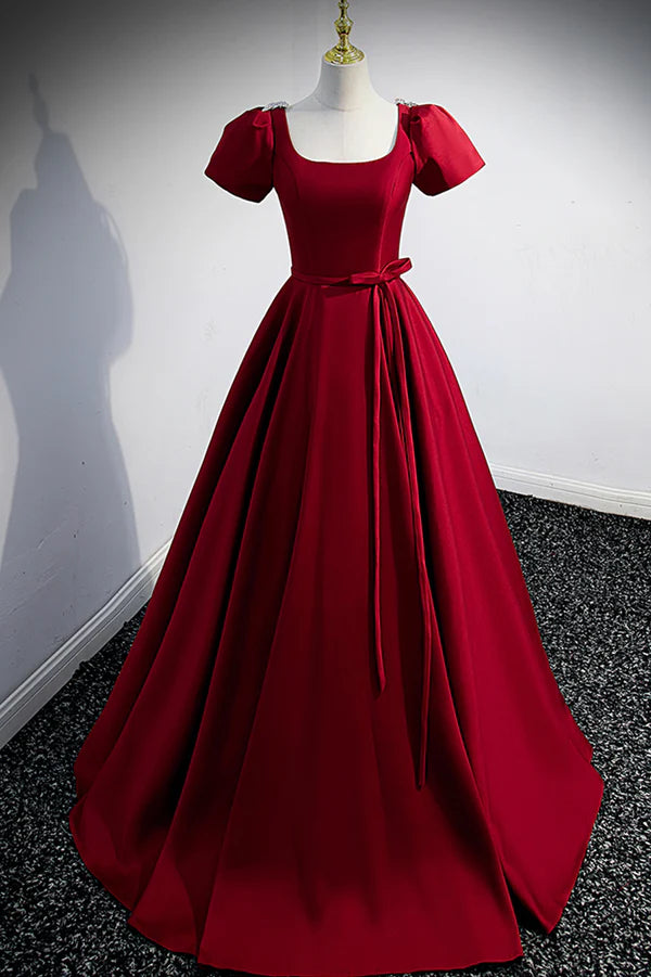 Wholesale Burgundy Scoop Neckline Satin Long Prom Dress Short Sleeve Evening Dress