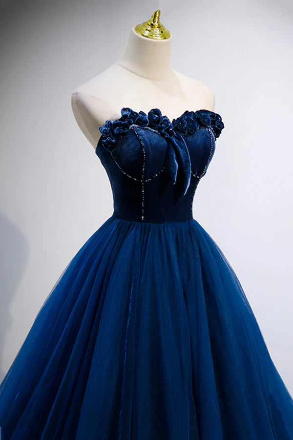 Wholesale Blue Velvet Tulle Long A-Line Prom Dress Blue Strapless Formal Evening Dress