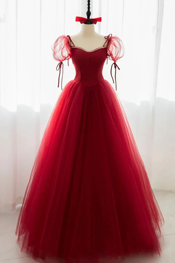 Wholesale Red Tulle Short Sleeve Prom Dress A-Line Floor Length Evening Graduation Dress