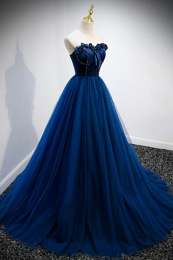 Wholesale Blue Velvet Tulle Long A-Line Prom Dress Blue Strapless Formal Evening Dress