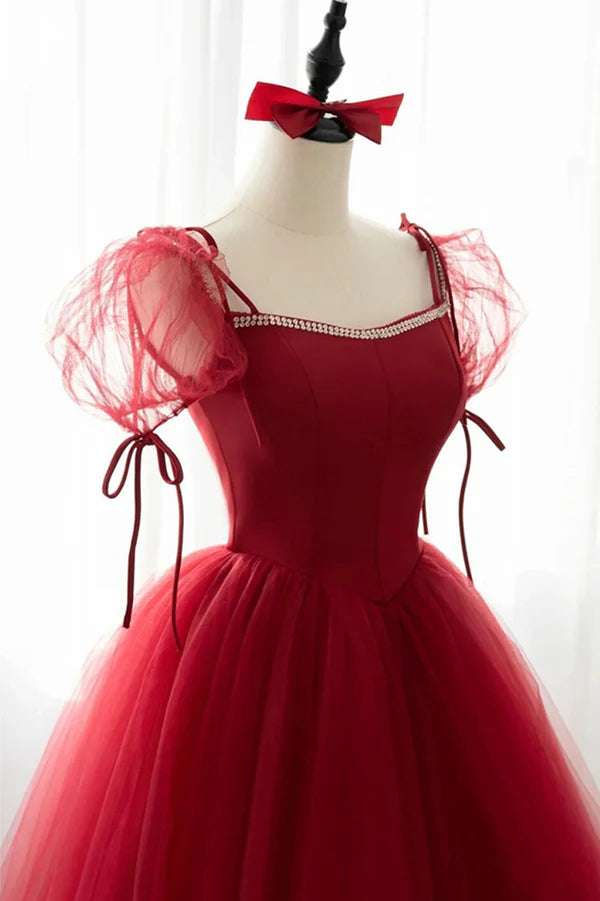 Wholesale Red Tulle Short Sleeve Prom Dress A-Line Floor Length Evening Graduation Dress