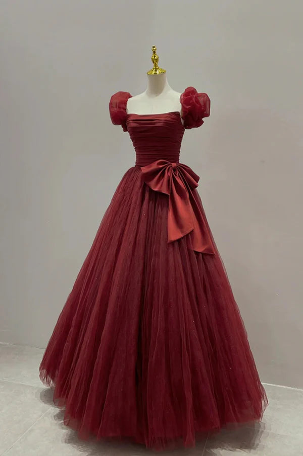 Wholesale Burgundy Tulle Long A-Line Prom Dress Lovely Evening Graduation Dress