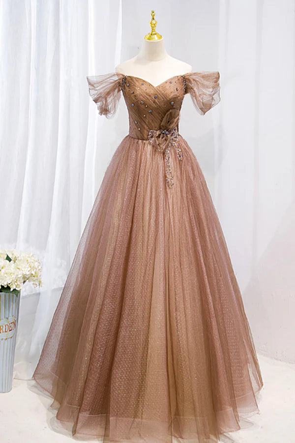 Wholesale A-Line Tulle Beaded Long Formal Dress Off the Shoulder Evening Dress