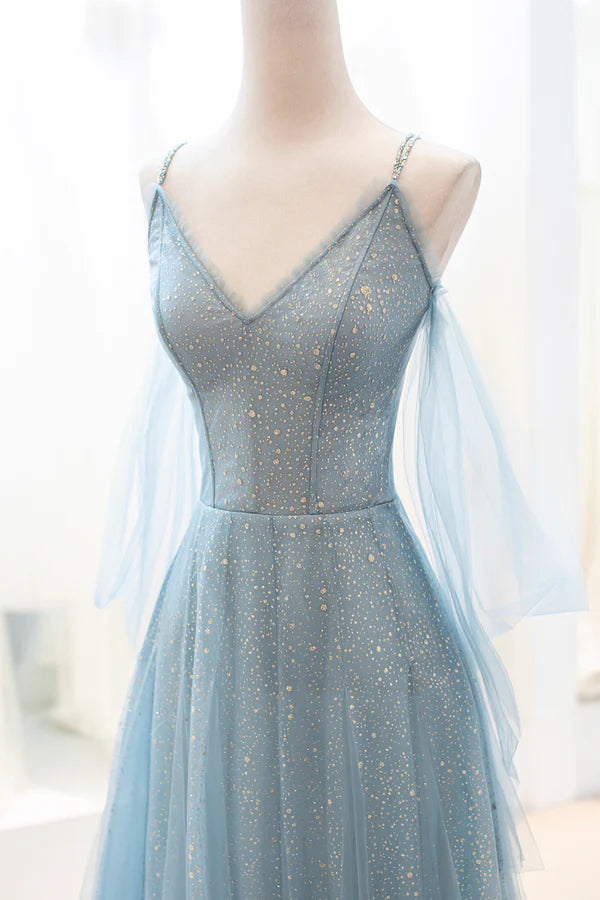 Wholesale Blue V-Neck Tulle Long Prom Dress A-Line Spaghetti Strap Evening Dress