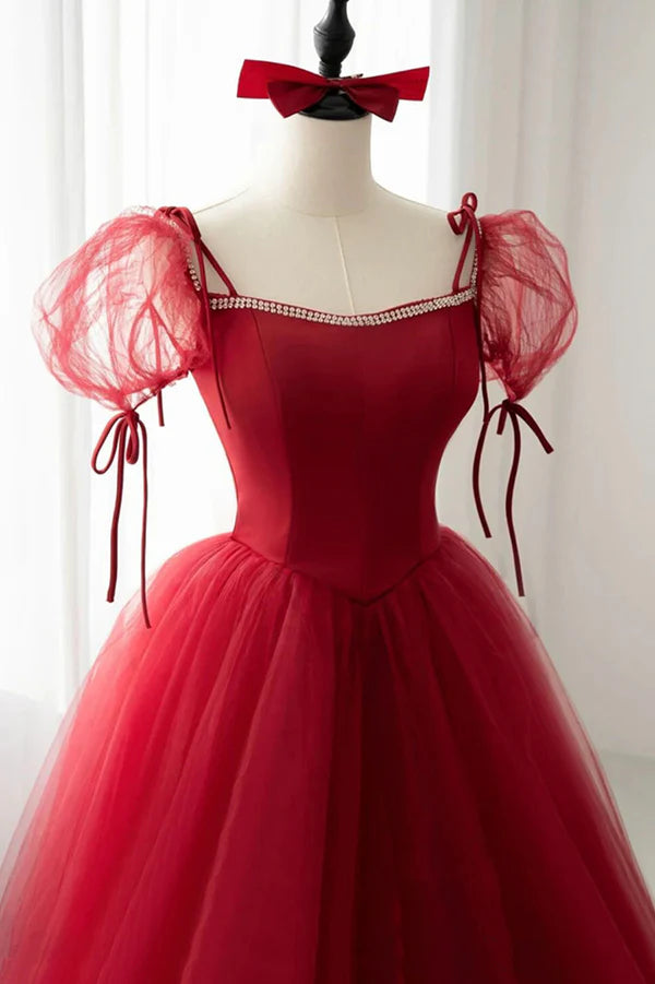 Wholesale Red Tulle Short Sleeve Prom Dress A-Line Floor Length Evening Graduation Dress