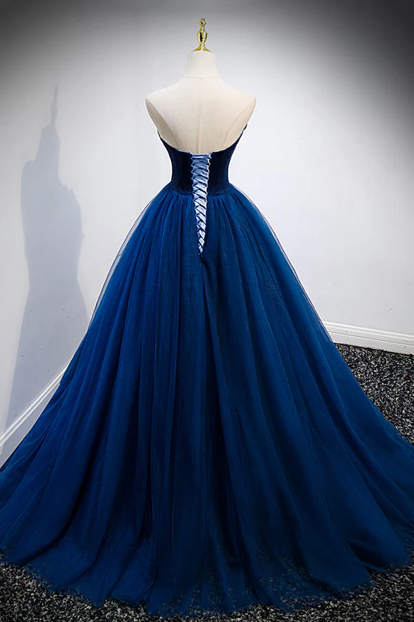 Wholesale Blue Velvet Tulle Long A-Line Prom Dress Blue Strapless Formal Evening Dress