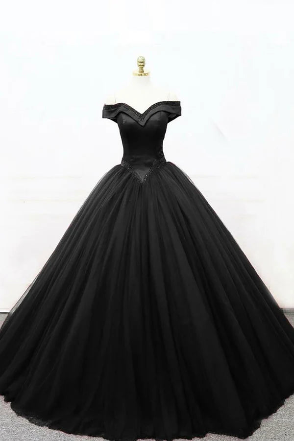 Wholesale Black Tulle Beaded Long Ball Gown A-Line Off the Shoulder Evening Formal Gown