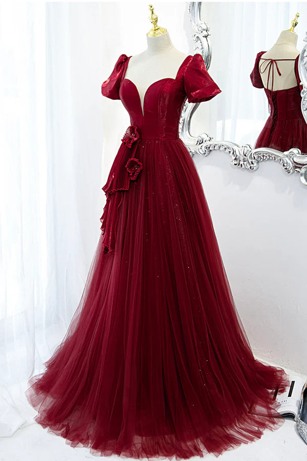 Wholesale Burgundy Satin Tulle Long Prom Dress A-Line Short Sleeve Evening Party Dress