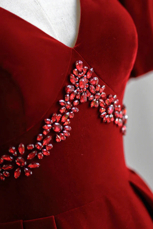 Wholesale Burgundy V-Neck Velvet Long Formal Dress A-Line Short Sleeve Evening Dress