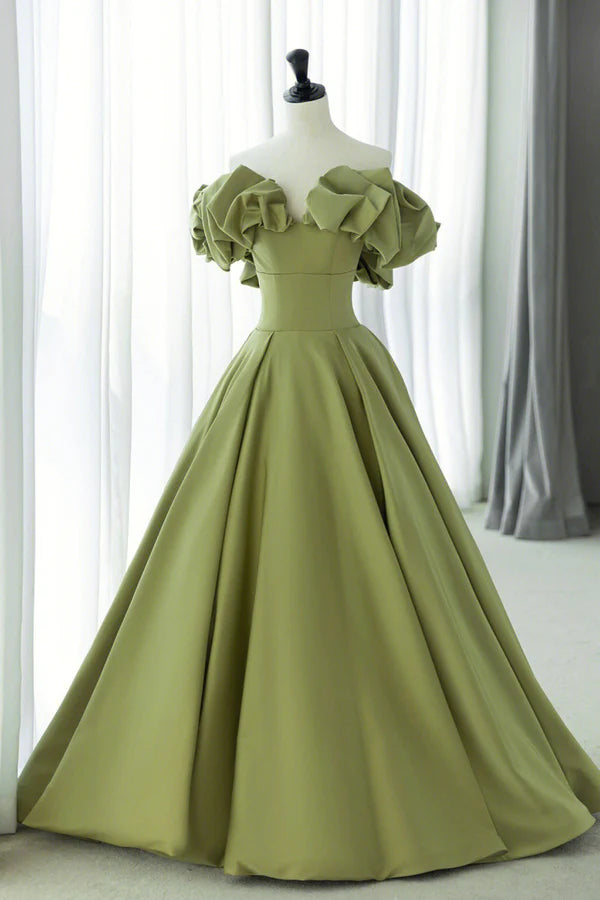 Wholesale Green Satin Long Prom Dress Green A-Line Evening Dress