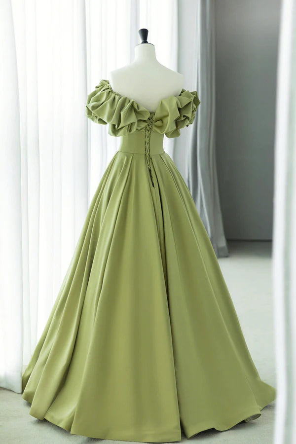 Wholesale Green Satin Long Prom Dress Green A-Line Evening Dress