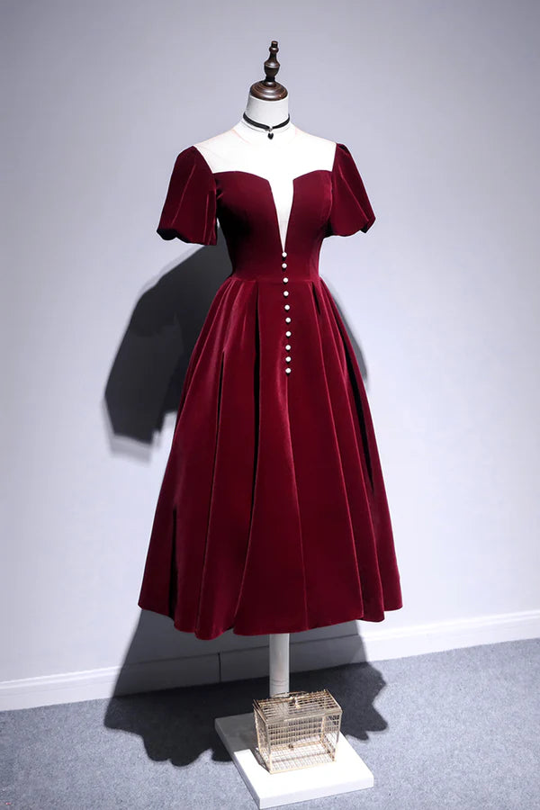 Wholesale Burgundy Velvet Short Prom Dress Cute A-Line Party Dress