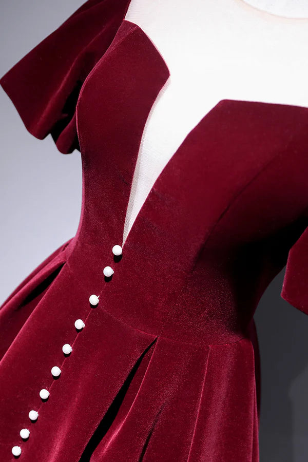 Wholesale Burgundy Velvet Short Prom Dress Cute A-Line Party Dress