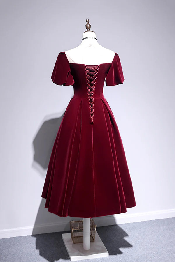 Wholesale Burgundy Velvet Short Prom Dress Cute A-Line Party Dress