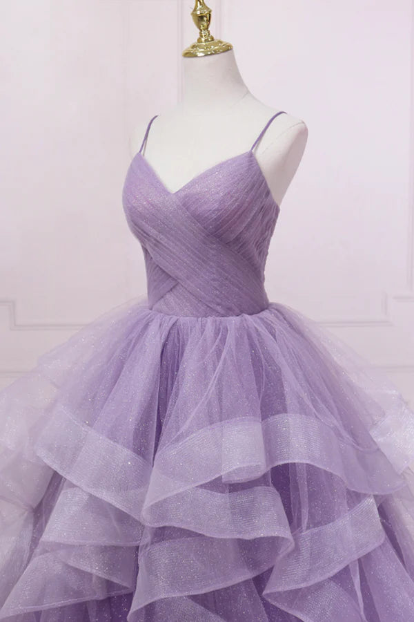 Wholesale Purple V-Neck Tulle Long Prom Dress Spaghetti Straps A-Line Evening Dress