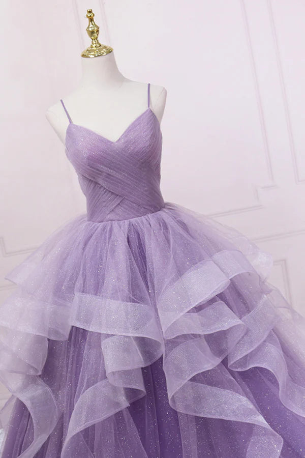 Wholesale Purple V-Neck Tulle Long Prom Dress Spaghetti Straps A-Line Evening Dress