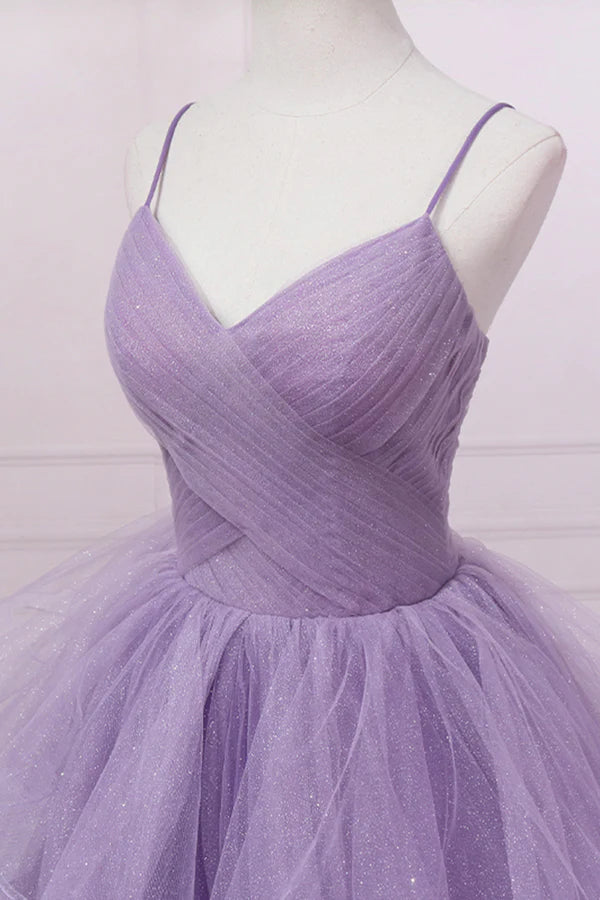 Wholesale Purple V-Neck Tulle Long Prom Dress Spaghetti Straps A-Line Evening Dress
