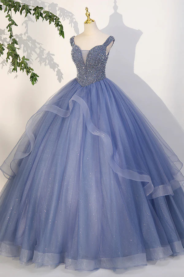 Wholesale Blue Beaded Tulle Long A-Line Prom Dress Blue Formal Dress
