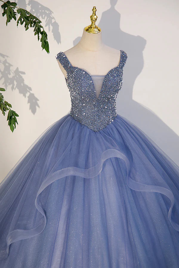 Wholesale Blue Beaded Tulle Long A-Line Prom Dress Blue Formal Dress