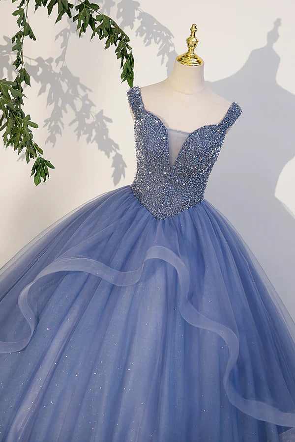 Wholesale Blue Beaded Tulle Long A-Line Prom Dress Blue Formal Dress