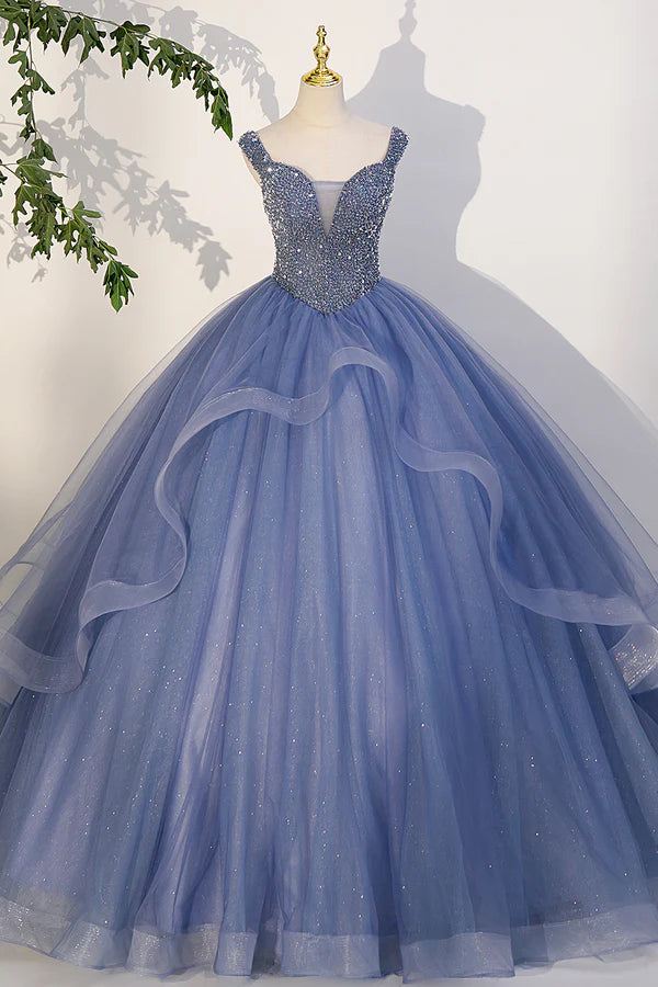 Wholesale Blue Beaded Tulle Long A-Line Prom Dress Blue Formal Dress