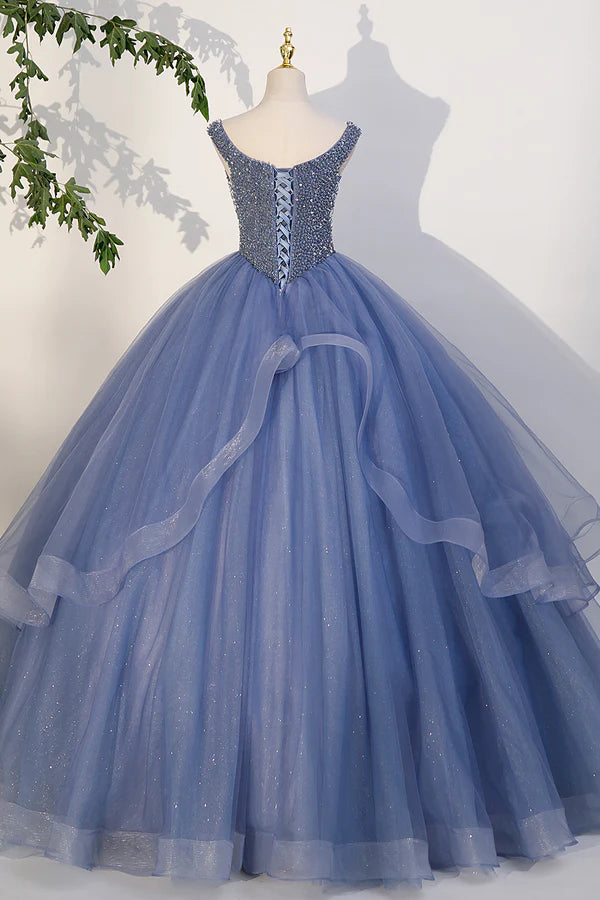 Wholesale Blue Beaded Tulle Long A-Line Prom Dress Blue Formal Dress