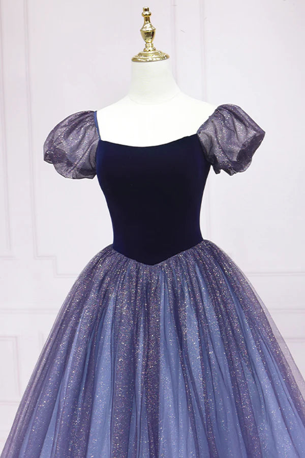 Wholesale Cute Velvet Tulle Long Prom Dress A-Line Short Sleeve Graduation Dress