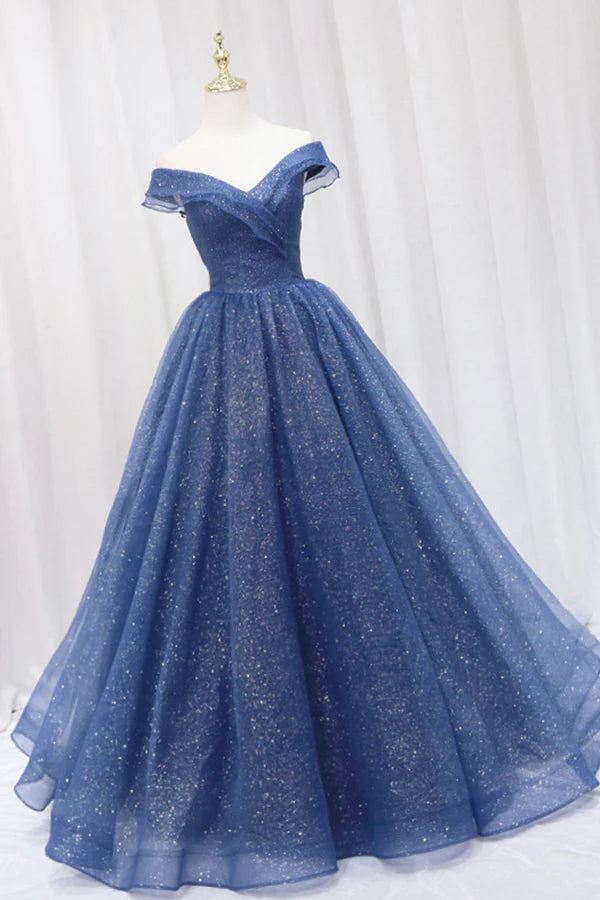 Wholesale Blue Shiny Tulle Off the Shoulder Prom Dress Blue V-Neck Evening Dress