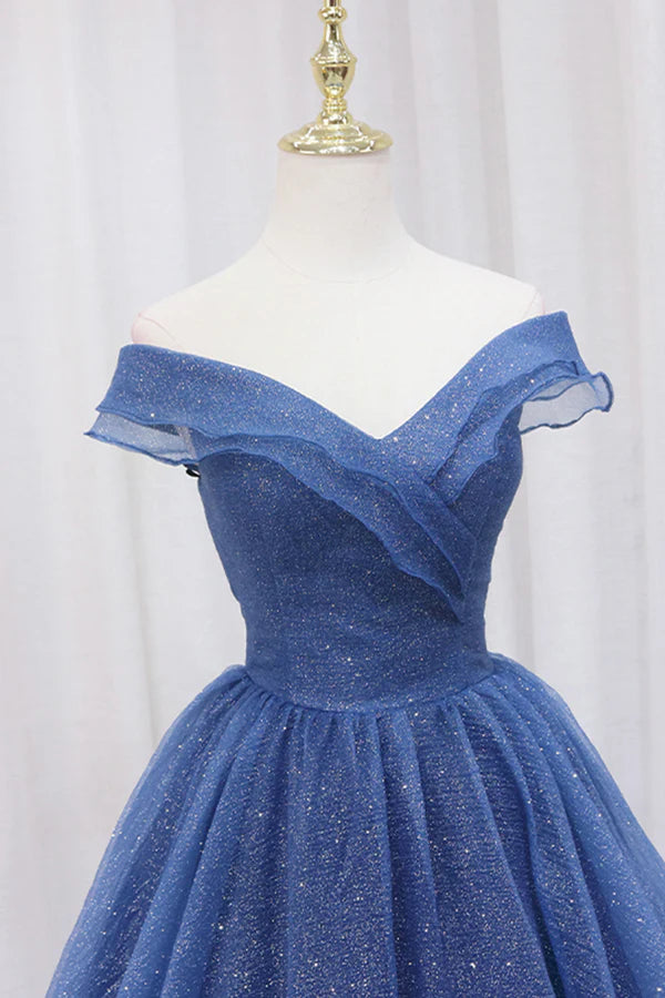 Wholesale Blue Shiny Tulle Off the Shoulder Prom Dress Blue V-Neck Evening Dress