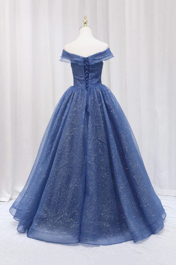 Wholesale Blue Shiny Tulle Off the Shoulder Prom Dress Blue V-Neck Evening Dress