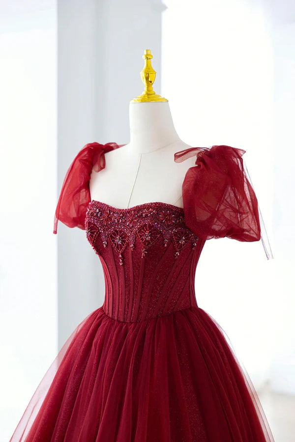 Wholesale Burgundy Tulle Beaded Long Prom Dress A-Line Short Sleeve Evening Dress