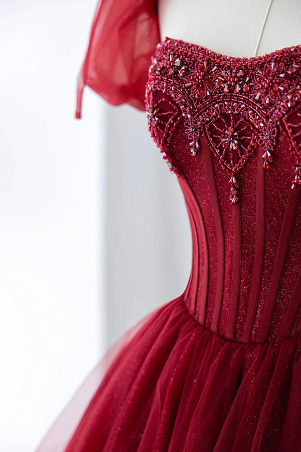 Wholesale Burgundy Tulle Beaded Long Prom Dress A-Line Short Sleeve Evening Dress