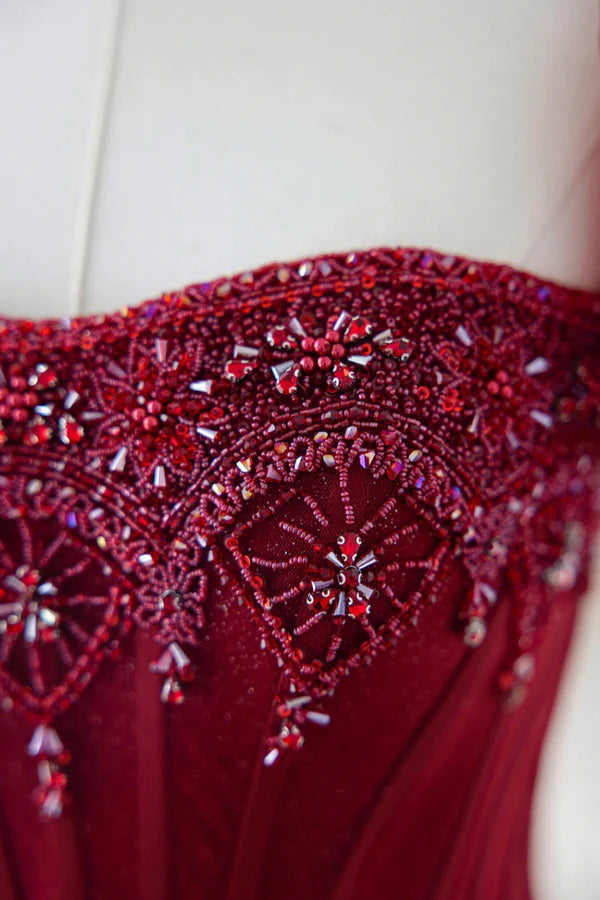 Wholesale Burgundy Tulle Beaded Long Prom Dress A-Line Short Sleeve Evening Dress